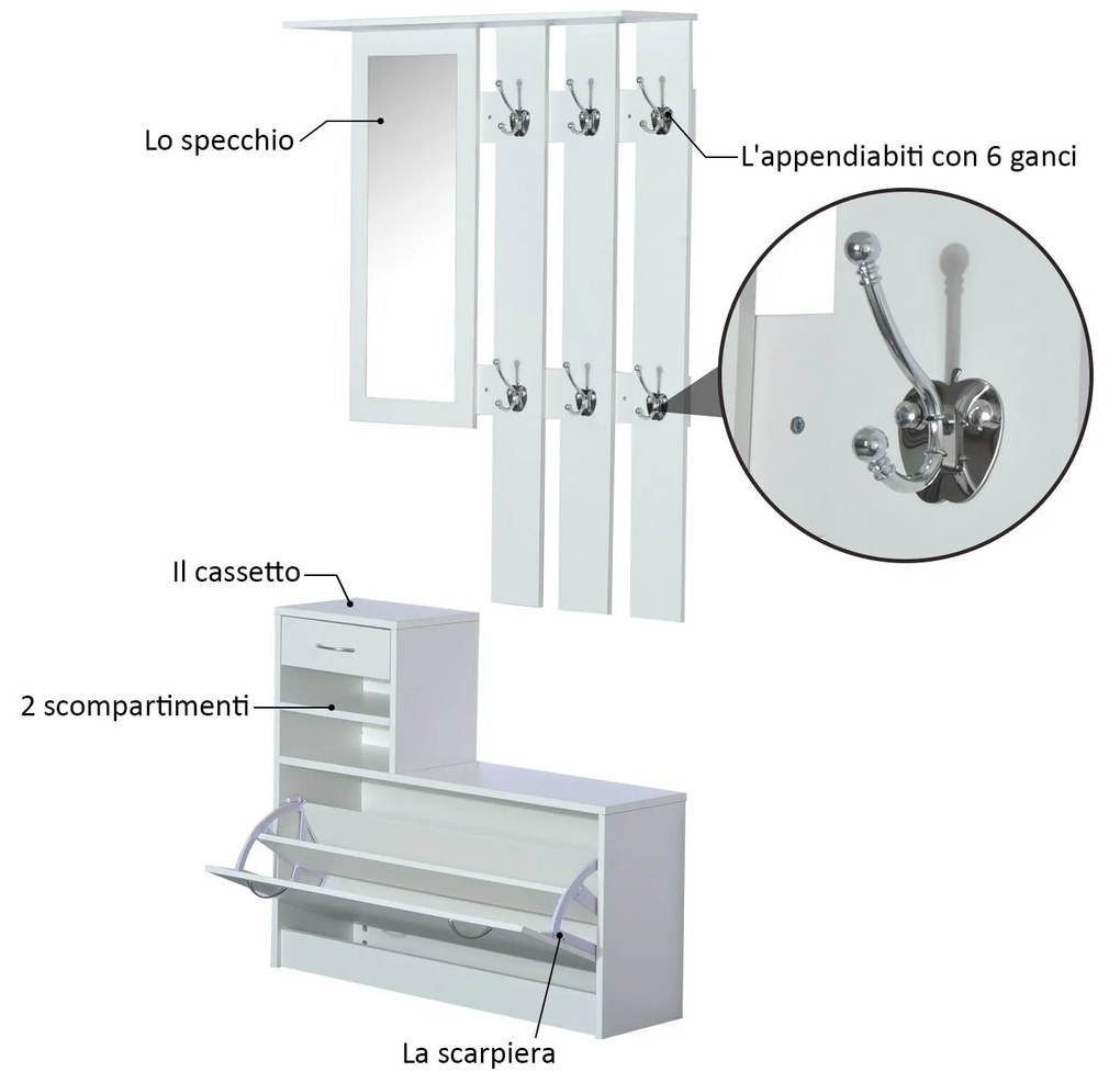HOMCOM Mobila de Hol Moderna Garderoba Set Cuier, Oglinda si Dulap Pantofi 3 in 1, in Lemn Alb | Aosom Romania