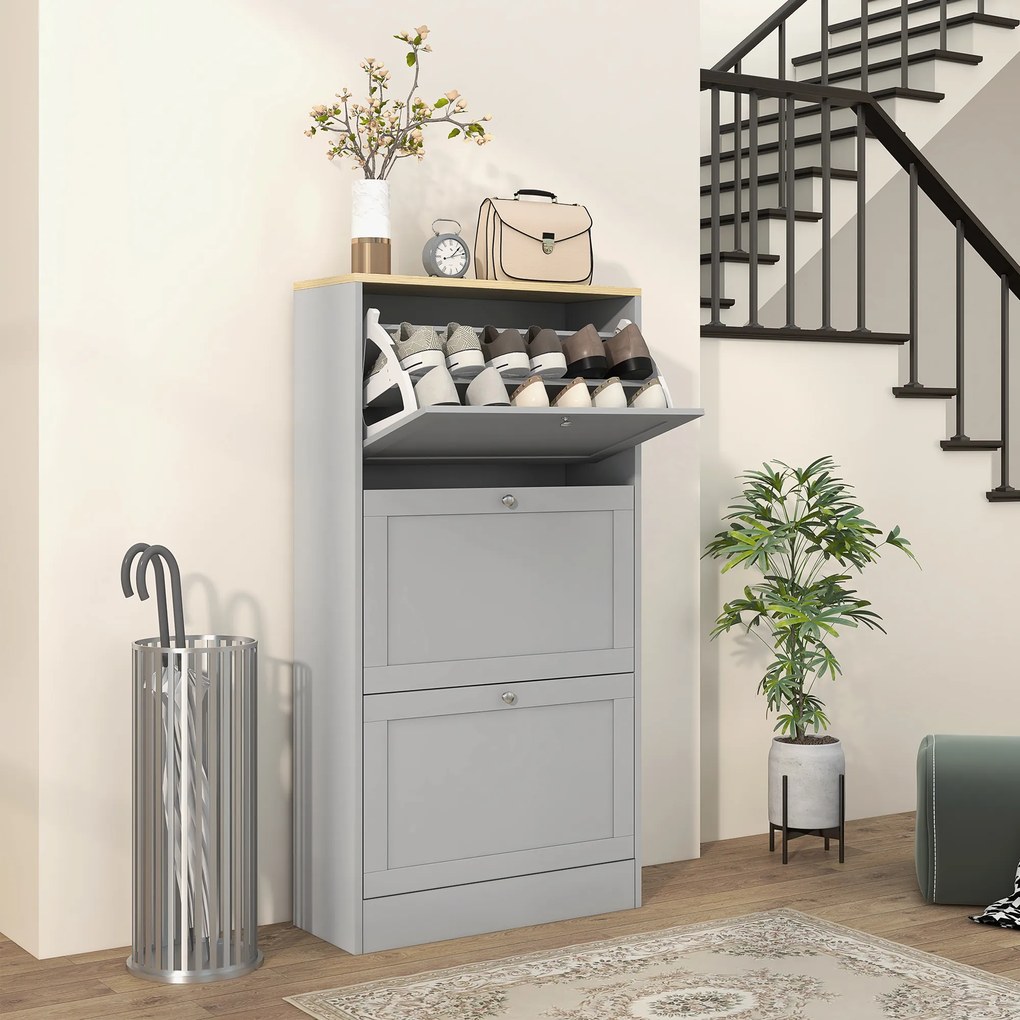 HOMCOM Dulap pentru pantofi 18 perechi, dulap cu 3 sertare abatabile, polițe reglabile, 60x23,5x115cm, gri | Aosom Romania