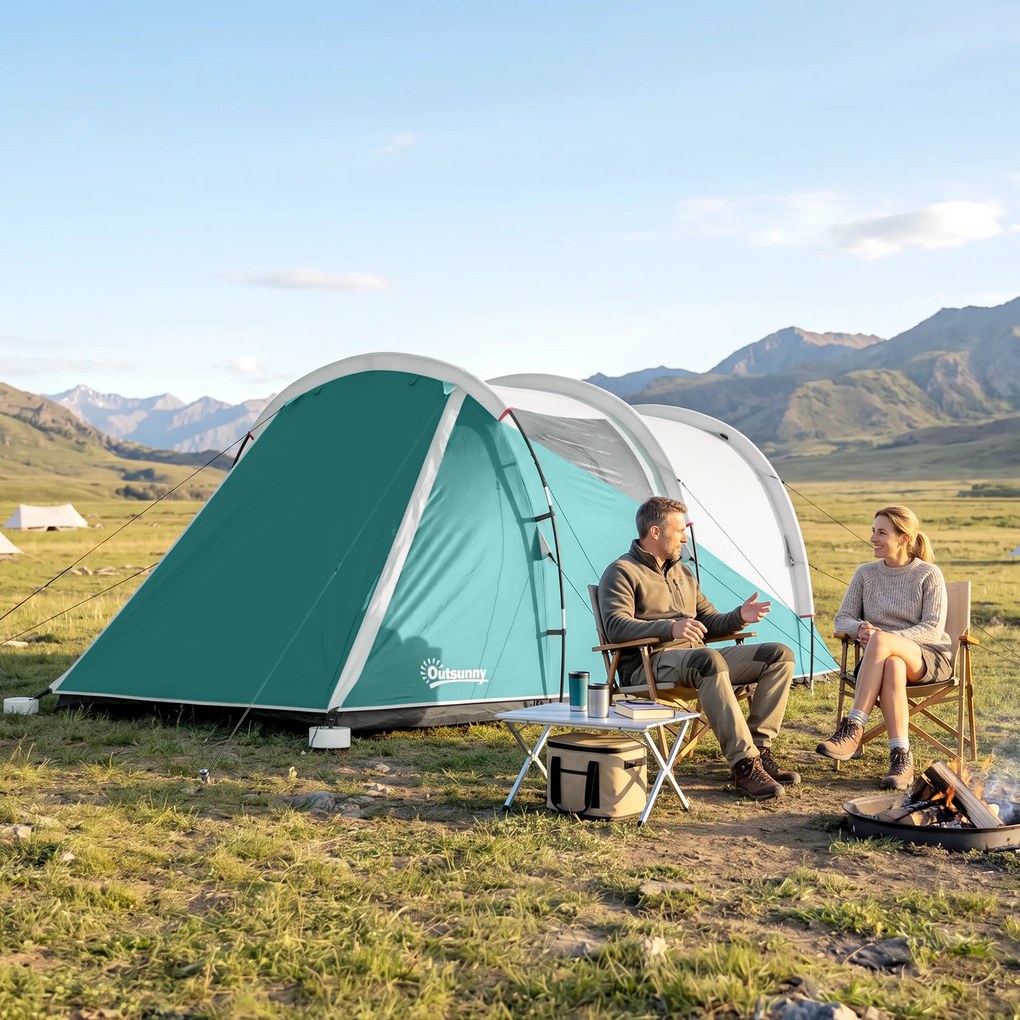 Outsunny Cort de Camping Impermeabil pentru 2-4 Persoane cu Cameră Separată, Cort Tunel cu Geantă de Transport, 460x260x190 cm, Verde | Aosom Romania