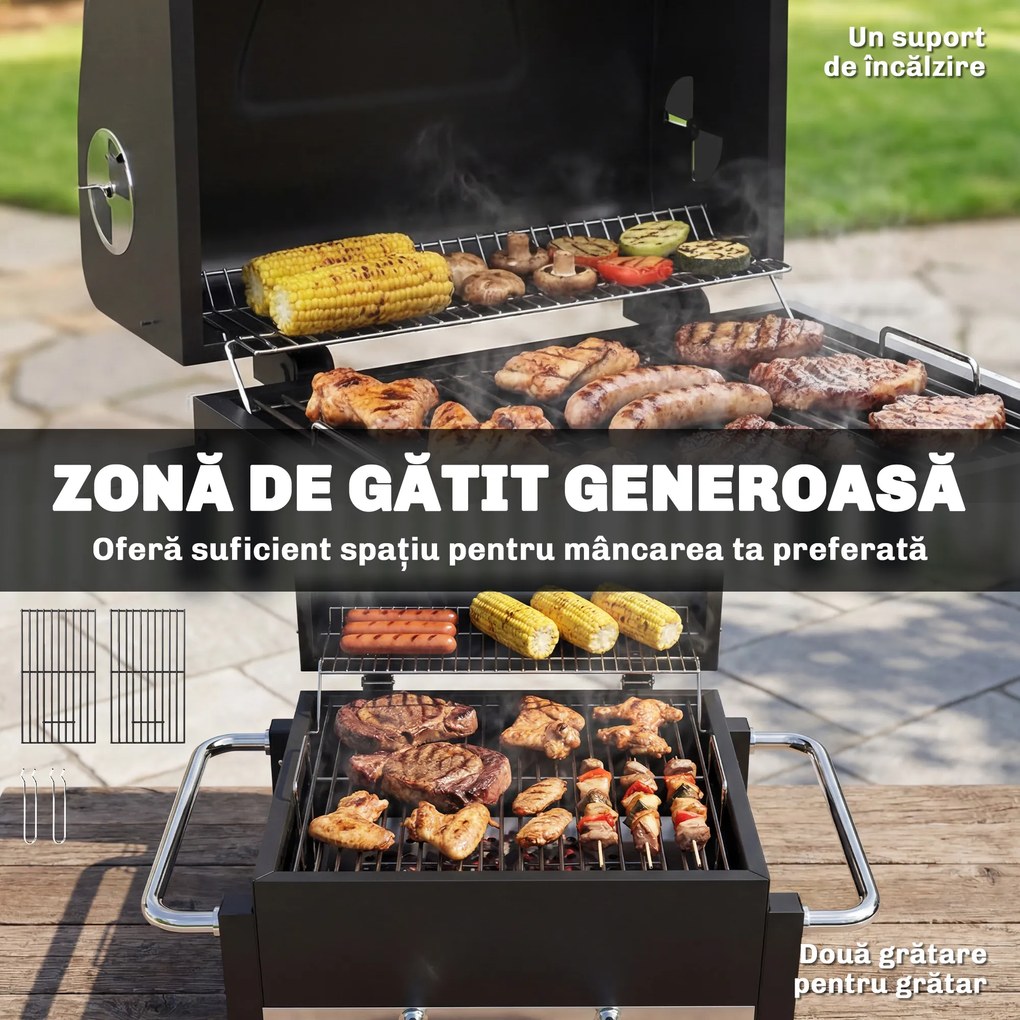 Outsunny Grătar Pe Cărbuni cu Orificii de Ventilație, Sertar pentru Cenușă, Grătar Portabil cu Termometru, Grătare, Capac, Mâner din Oțel Inoxidabil, BBQ pe Cărbuni pentru Grădină Camping, Negru | Aosom Romania