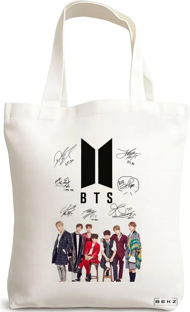 Sacosa de Panza pentru Cumparaturi, Geanta Tote, model BTS Army 1, 38x34.5 cm, Alba, BEKZ®