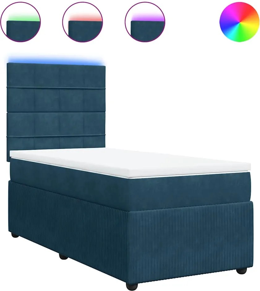 vidaXL Pat box spring cu saltea, albastru, 90x200 cm, catifea