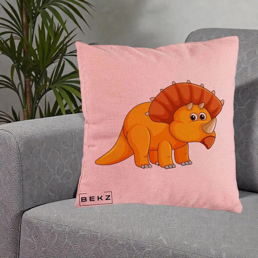 Perna Decorativa Triceratops Portocaliu, 40x40 cm, Roz, Husa Detasabila, Perna Inclusa, BEKZ®
