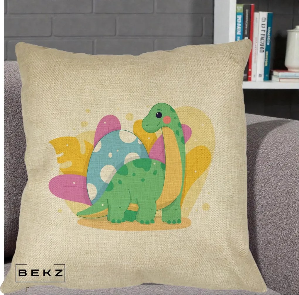 Perna Personalizata Dinozaur cu Ou Pastelat, 40x40 cm, Crem, Husa Detasabila, Perna Inclusa, BEKZ®