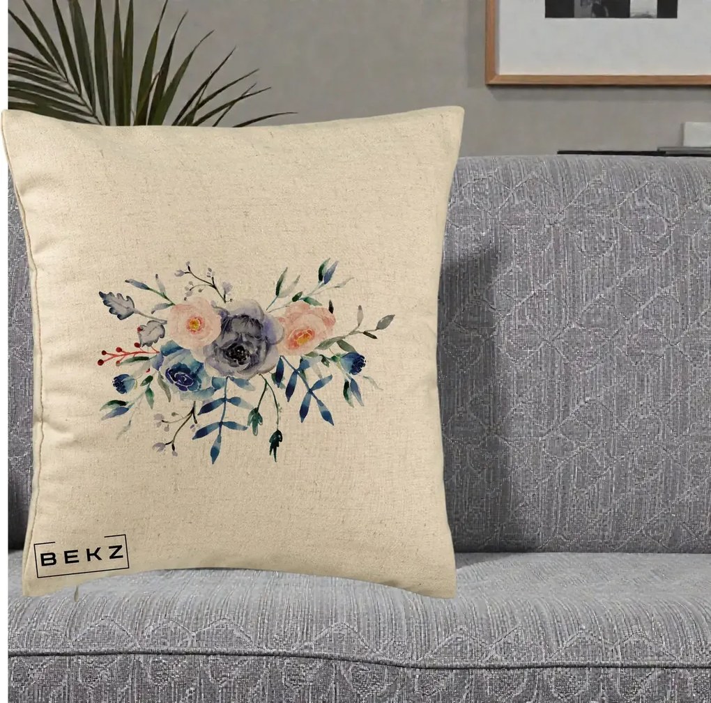 Perna Decorativa Buchet Flori Albastre Acuarela, 40x40 cm, Bej, Husa Detasabila, Perna Inclusa, BEKZ®