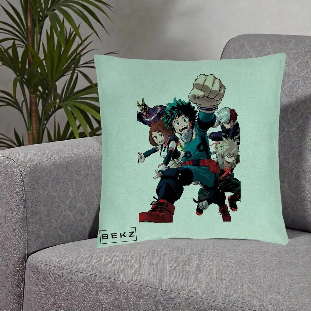 Perna Personalizata My Hero Academia Izuku Deku si Echipa, 40x40 cm, Verde Menta, Husa Detasabila, Perna Inclusa, BEKZ®