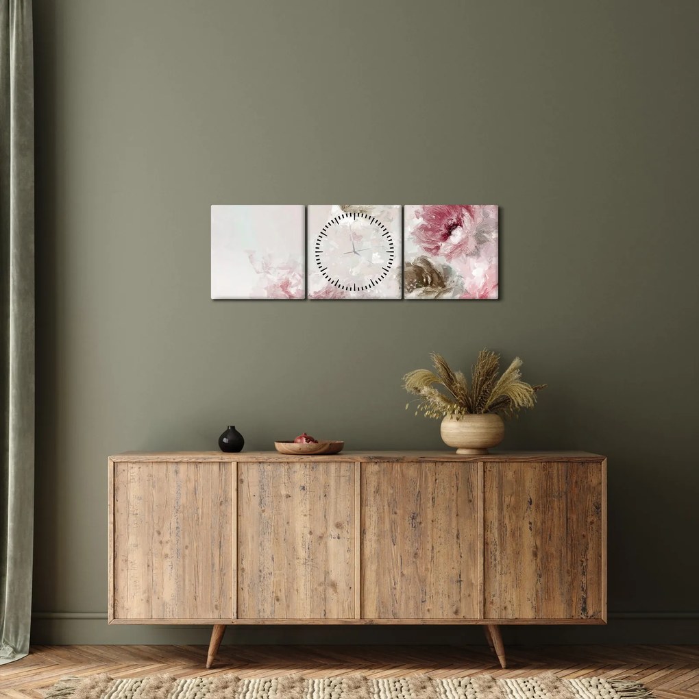 Tablou - Pictura flori roz (cu ceas) (90x30 cm)