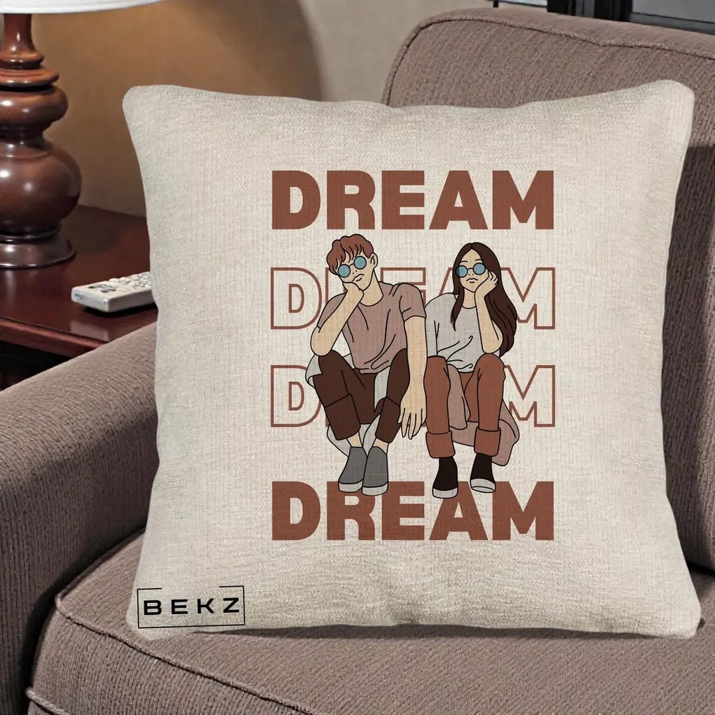 Perna Decorativa Dream Couple Aesthetic, 40x40 cm, Bej Canapea, Husa Detasabila, Perna Inclusa, BEKZ®