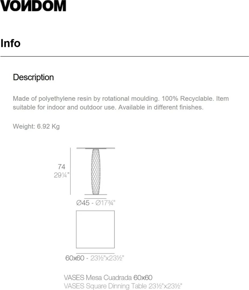 Masa de exterior / interior design modern premium VASES 60x60cm