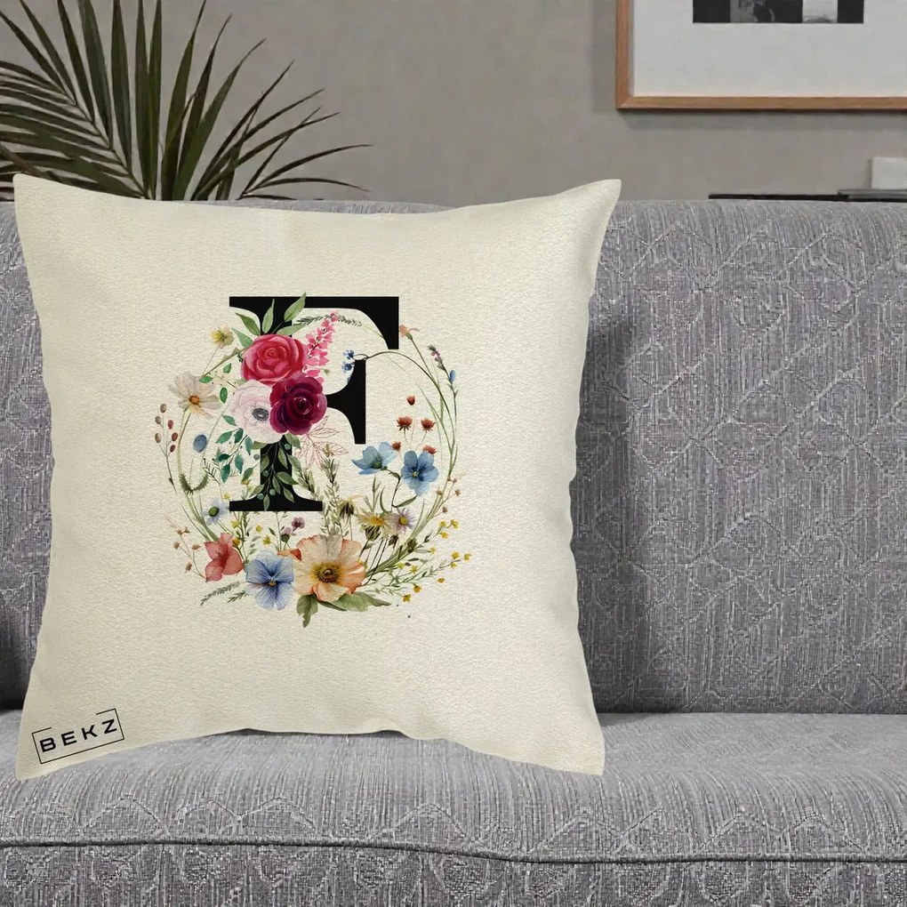Cadou Personalizat - Perna Personalizata Monogram Litera F cu Flori Acuarela, 40x40 cm, Ecru, Husa Detasabila, Perna Inclusa, BEKZ®