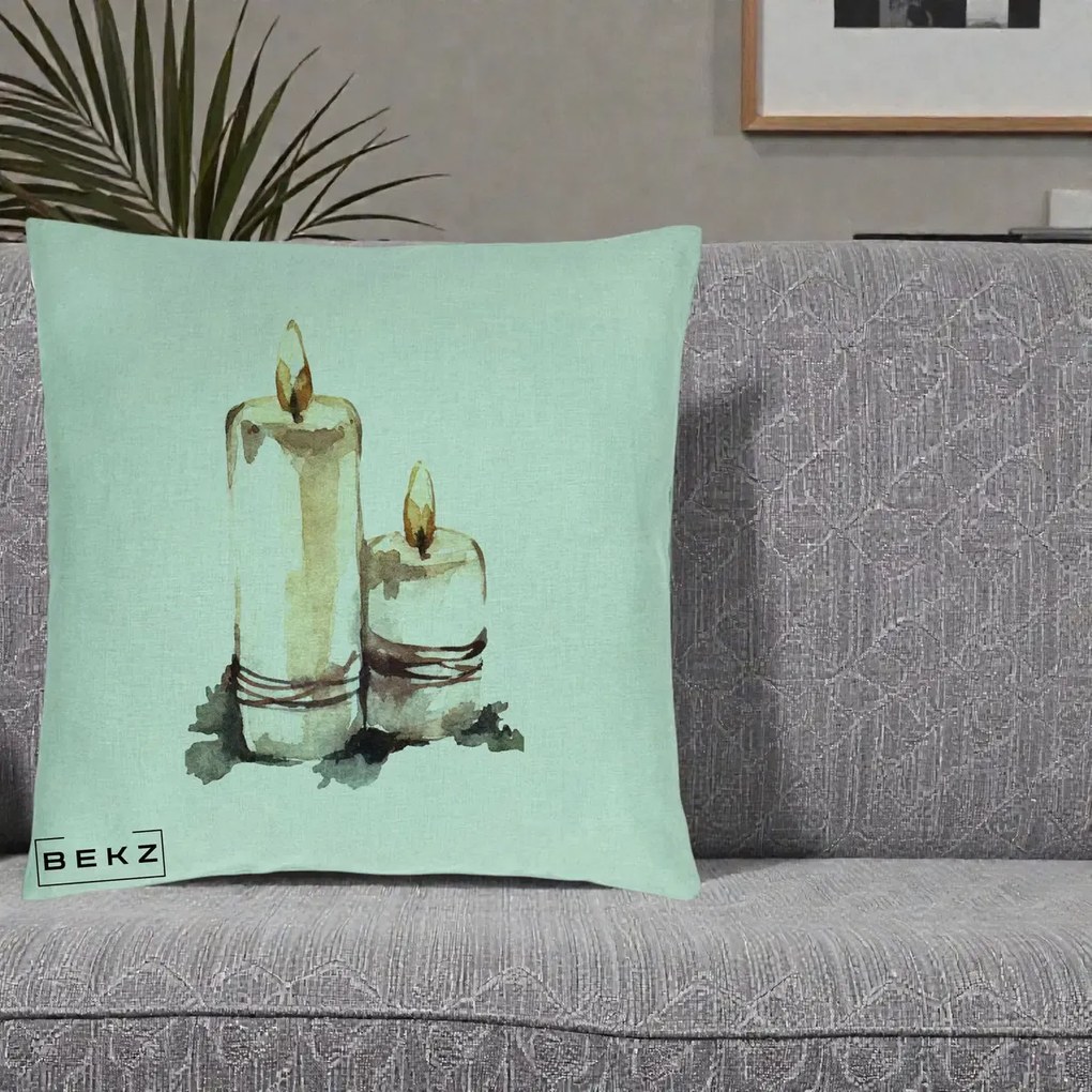 Perna Decorativa Lumanari Acuarela Iarna, 40x40 cm, Verde Menta, Husa Detasabila, Perna Inclusa, BEKZ®