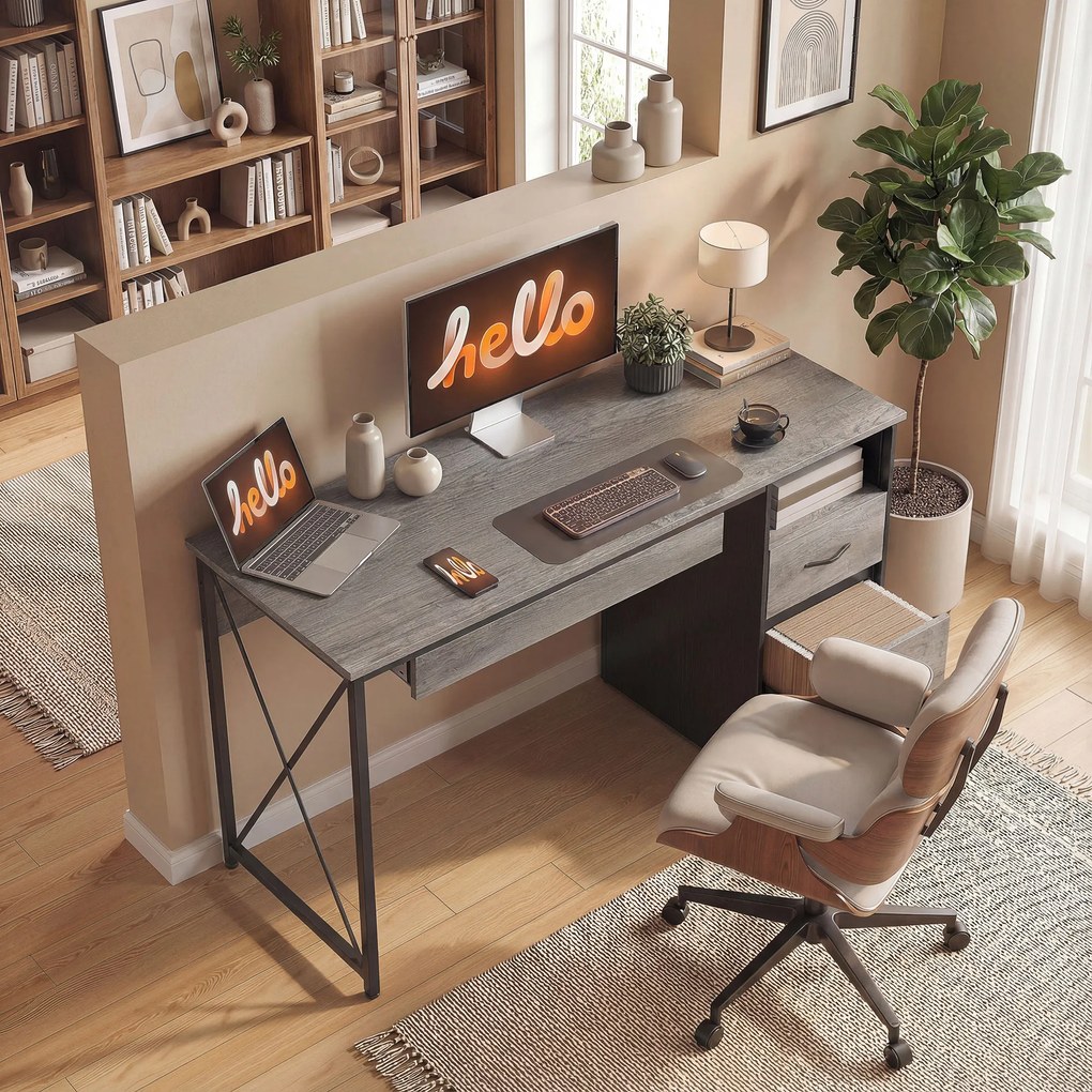 HOMCOM Birou de calculator, 120×50cm, birou cu depozitare, blat pentru tastatură, compartiment deschis și 2 sertare, gri | Aosom Romania