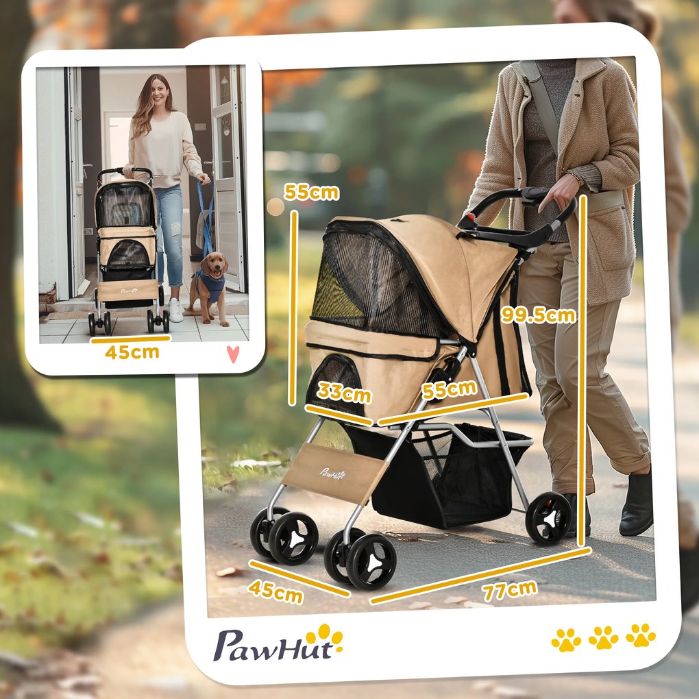 PawHut Cărucior Pliant pentru Câini cu Suport pentru Pahare, Coș de Depozitare și 3 Ferestre, 75x46x94 cm, Maro | Aosom Romania