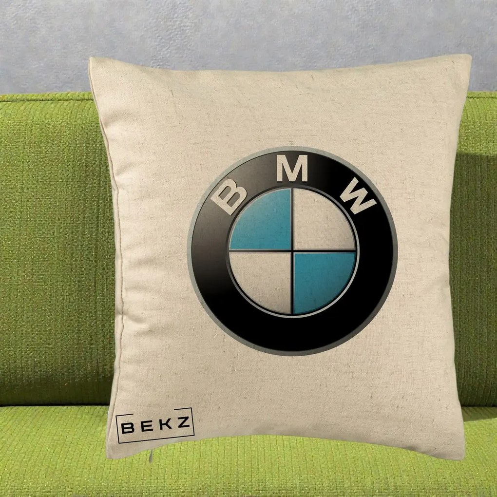 Perna Personalizata cu emblema BMW, 40x40 cm, Bej, Husa Detasabila, Perna Inclusa, BEKZ®