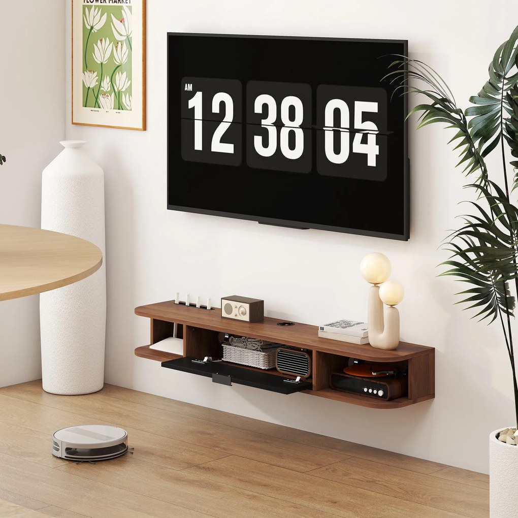 HOMCOM Mobilier TV Suspendat, Suport TV Până la 50" cu Sertar Rabatabil, 2 Rafturi Deschise și Orificiu pentru Cabluri, Mobilier pentru Televizor pentru Sufragerie, Dormitor și Sală de Stat, 120x24x16 cm, Nuc | Aosom Romania