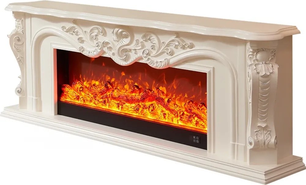 Șemineu electric cu efect LED realist cu 12 culori, Comodă TV, design clasic elegant, control vocal și telecomandă, fără încălzire, 200 cm, Alb