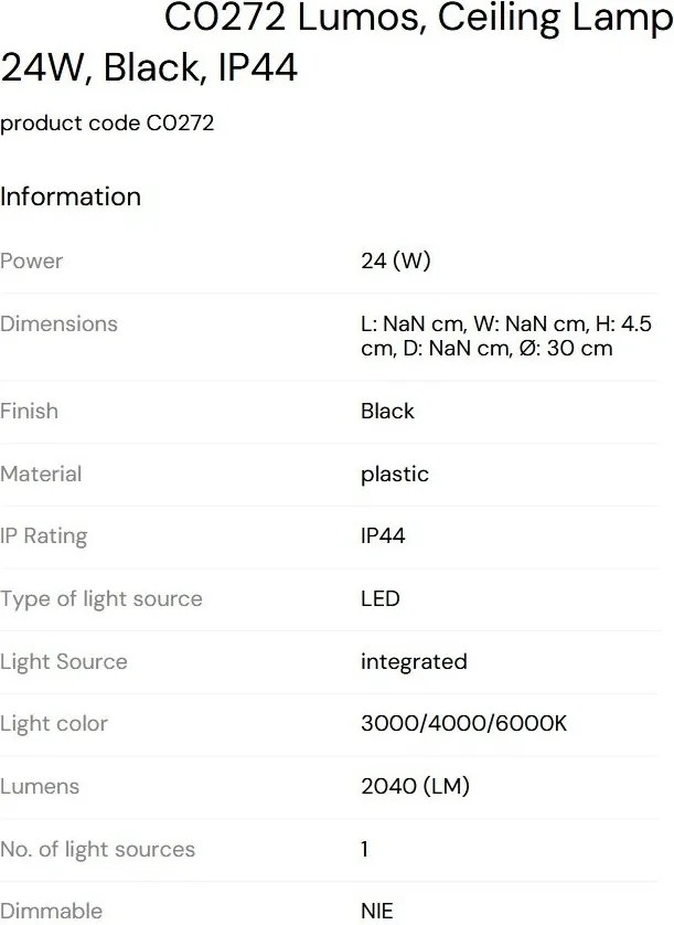 Plafoniera LED baie cu protectie IP44, Plastic, Negru, Lumos 30cm