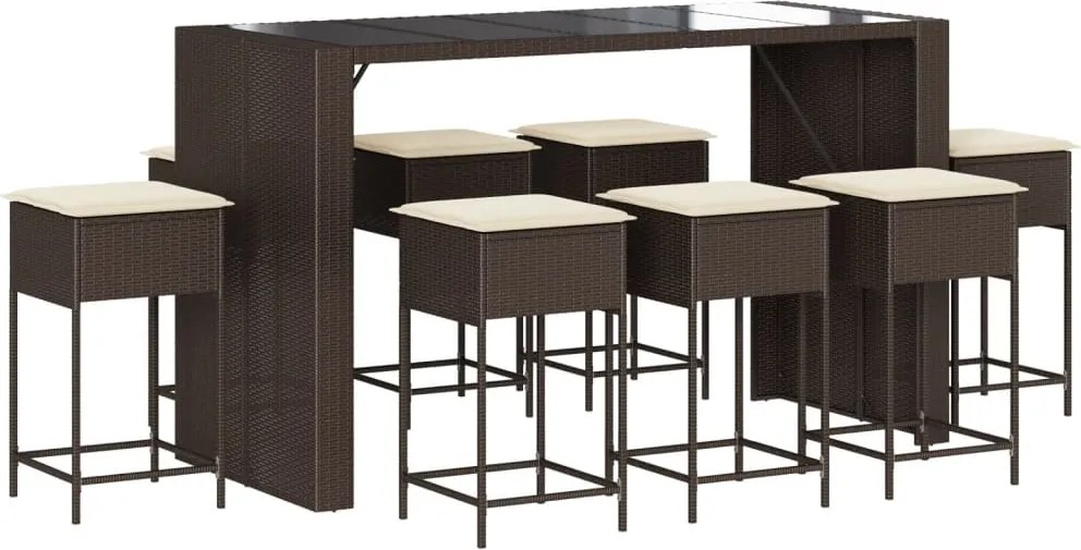 vidaXL Set mobilier bar de grădină, cu perne, 9 piese, maro, poliratan