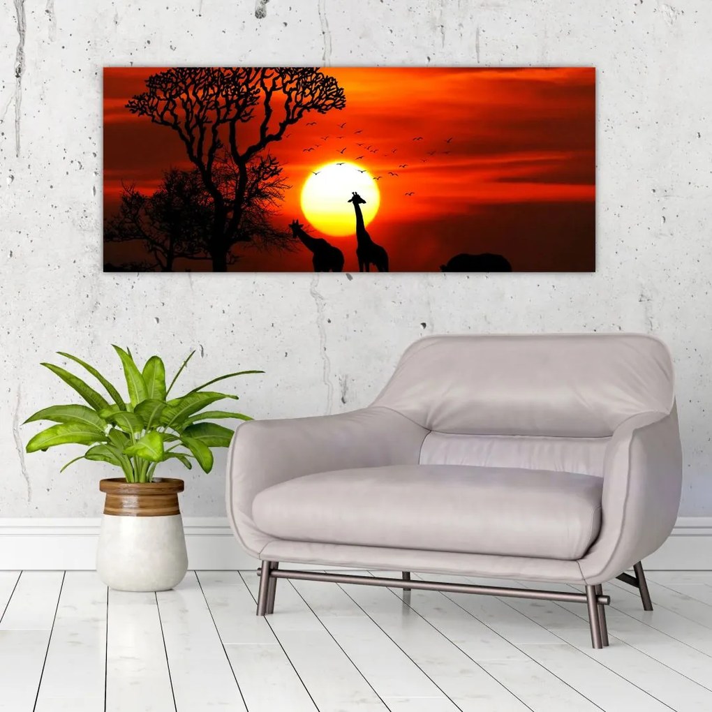 Tablou - Siluete animalelor la apus de soare (120x50 cm)