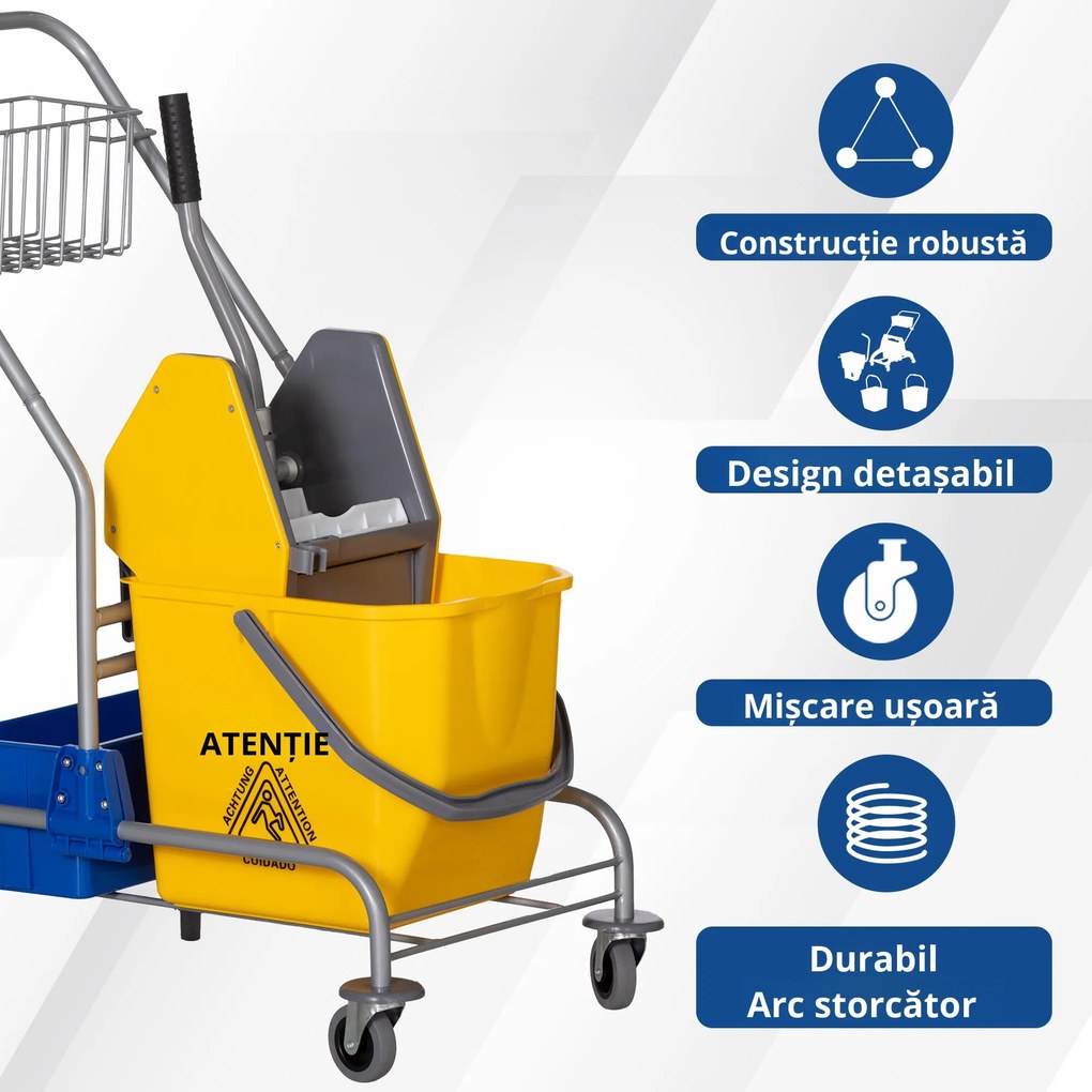 HOMCOM Cărucior Profesional de Curățenie cu Coș Suspendat, Raft, Găleată de 25 L și Cârlig, 72x49,5x95 cm, Galben | Aosom Romania