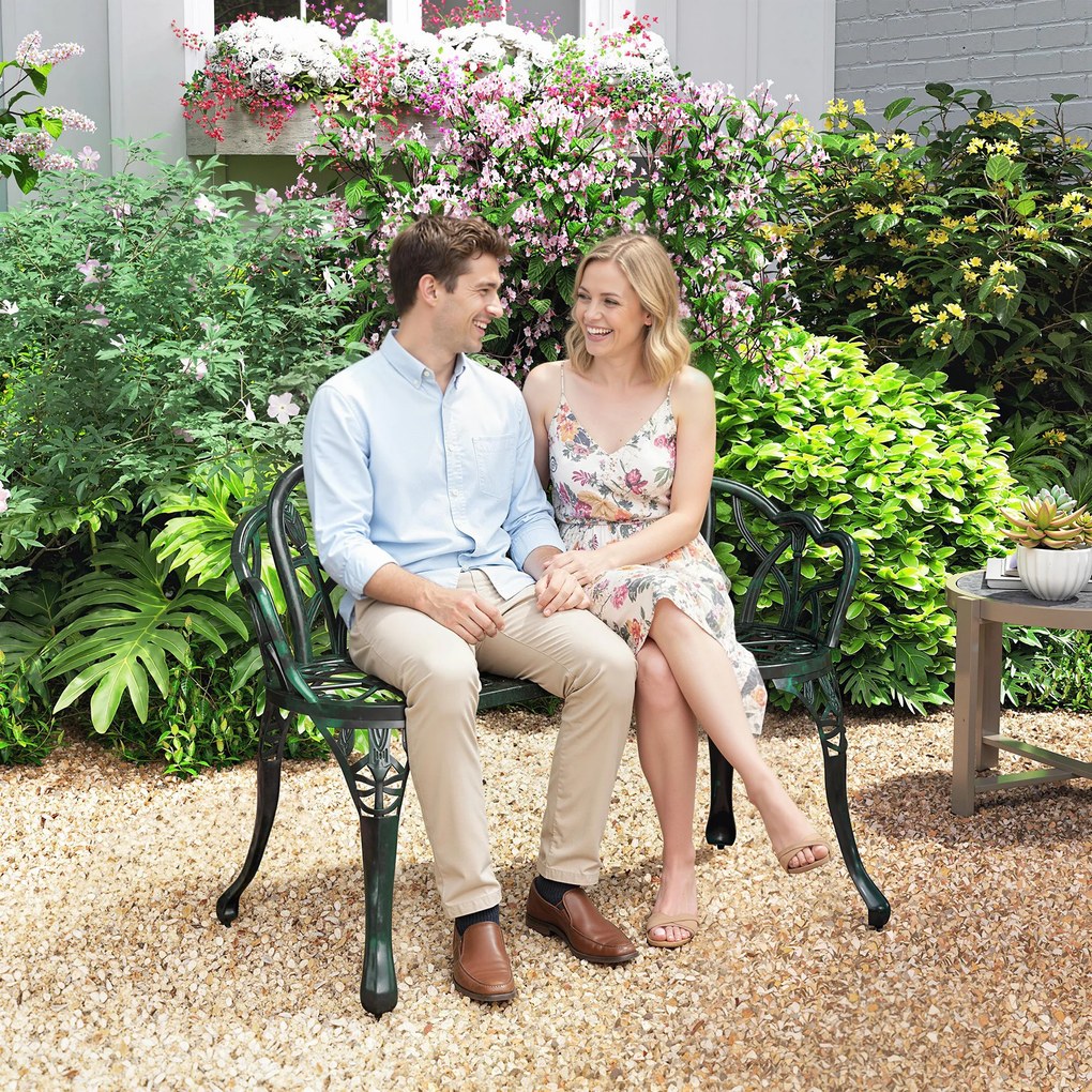 Outsunny Banc de grădină din aluminiu turnat, banc exterior 2 locuri cu spătar lalea, șezut floral, 99x57x78cm, vert antique | Aosom Romania