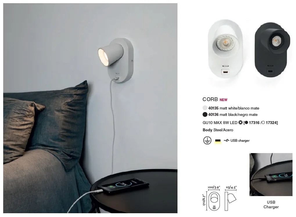 Aplica perete moderna cu USB charger CORB alba 40135