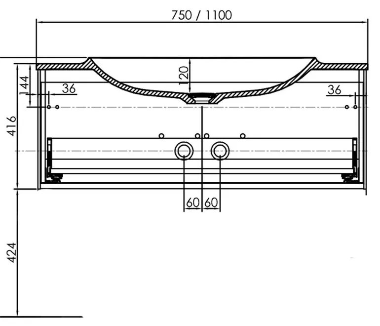 Set dulap baie cu lavoar inclus Kolpasan Pandora, 110 cm, stejar 1100x540x416 mm, Stejar