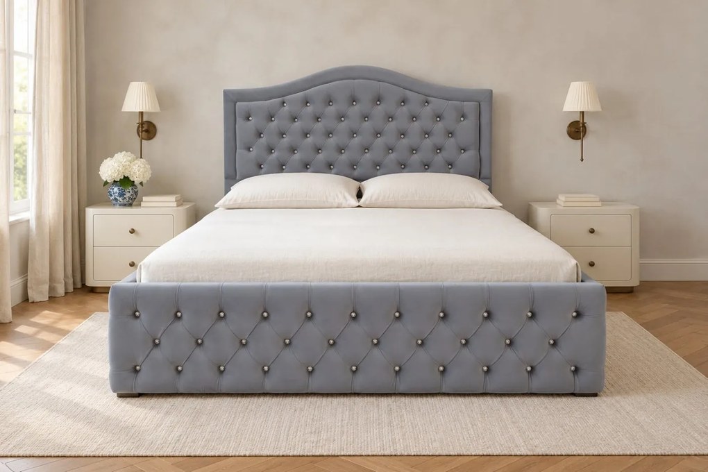 Pat tapițat Chesterfield din catifea Solaria Deluxe Cristal 180×200 cm, gri deschis, cu ladă de depozitare