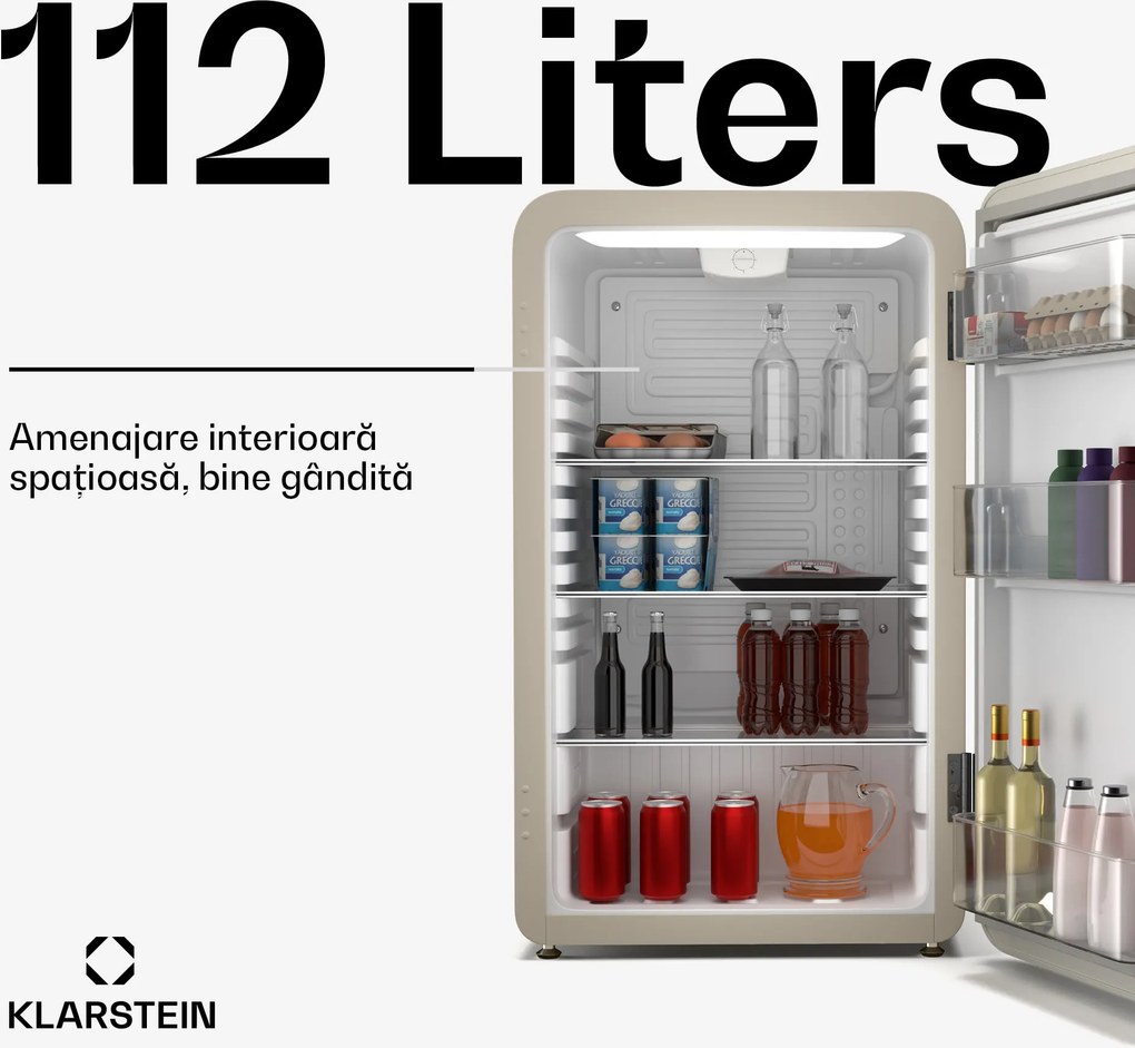 Klarstein Audrey Evo frigider, 112 l, design retro, silențios, compact, disponibil în 3 culori.