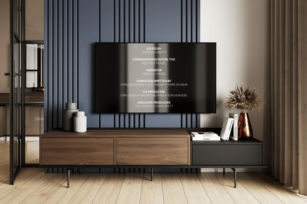 Comodă TV Zenar 200 cm cu picioare metalice și sertar - nuc elegant / negru