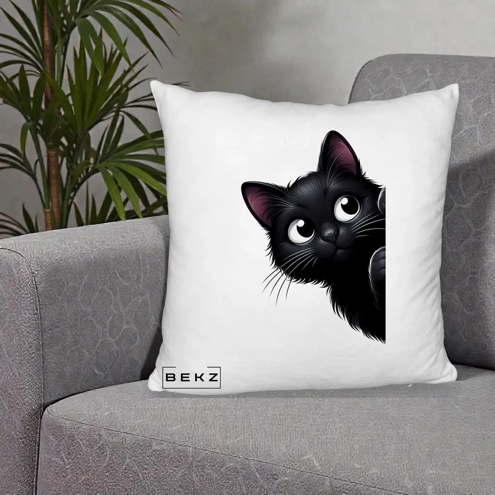 Perna Decorativa Pisica Neagra Dragalasa Curioasa, 40x40 cm, Alb Pufos, Husa Detasabila, Perna Inclusa, BEKZ®