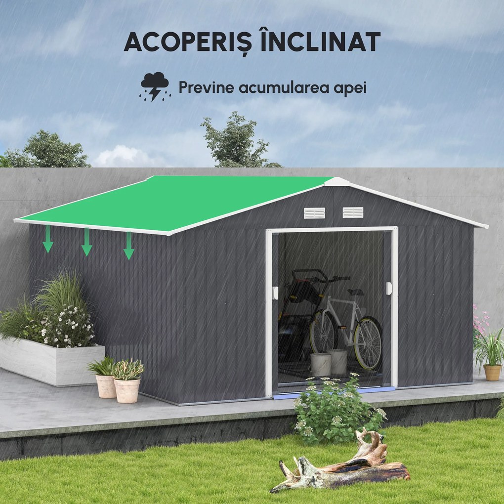Outsunny magazie unelte, sopron din otel galvanizat, casuta de gradina pentru unelte de gradina 3.4x3.86x2m | AOSOM RO