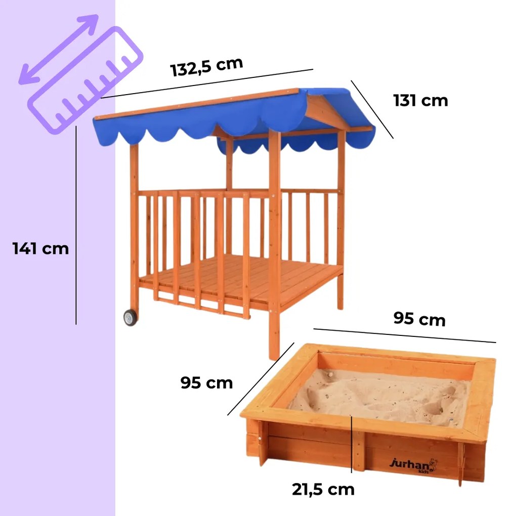 Groapa cu nisip cu verandă HAPPY, 130x130x143cm, maro/albastru Jurhan