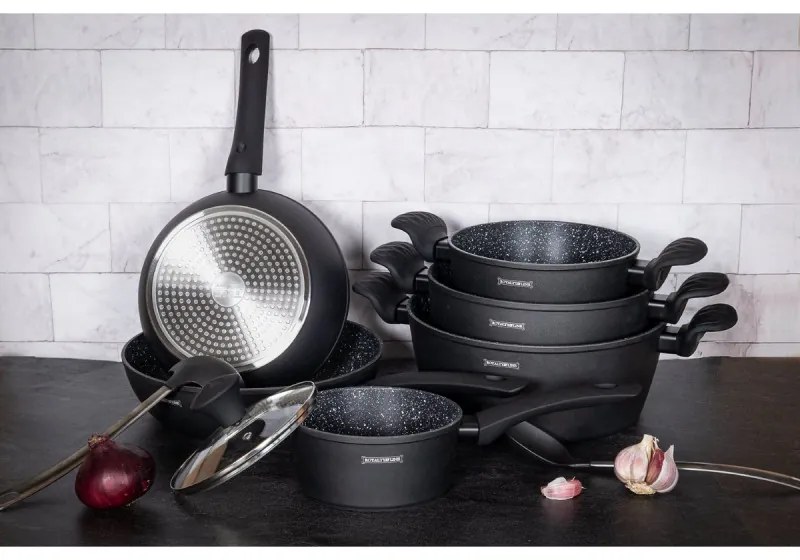 Set oale si tigai Royalty Line FD10, 10 piese, Aluminiu turnat, Acoperire din marmura Greblon, Inductie, Negru