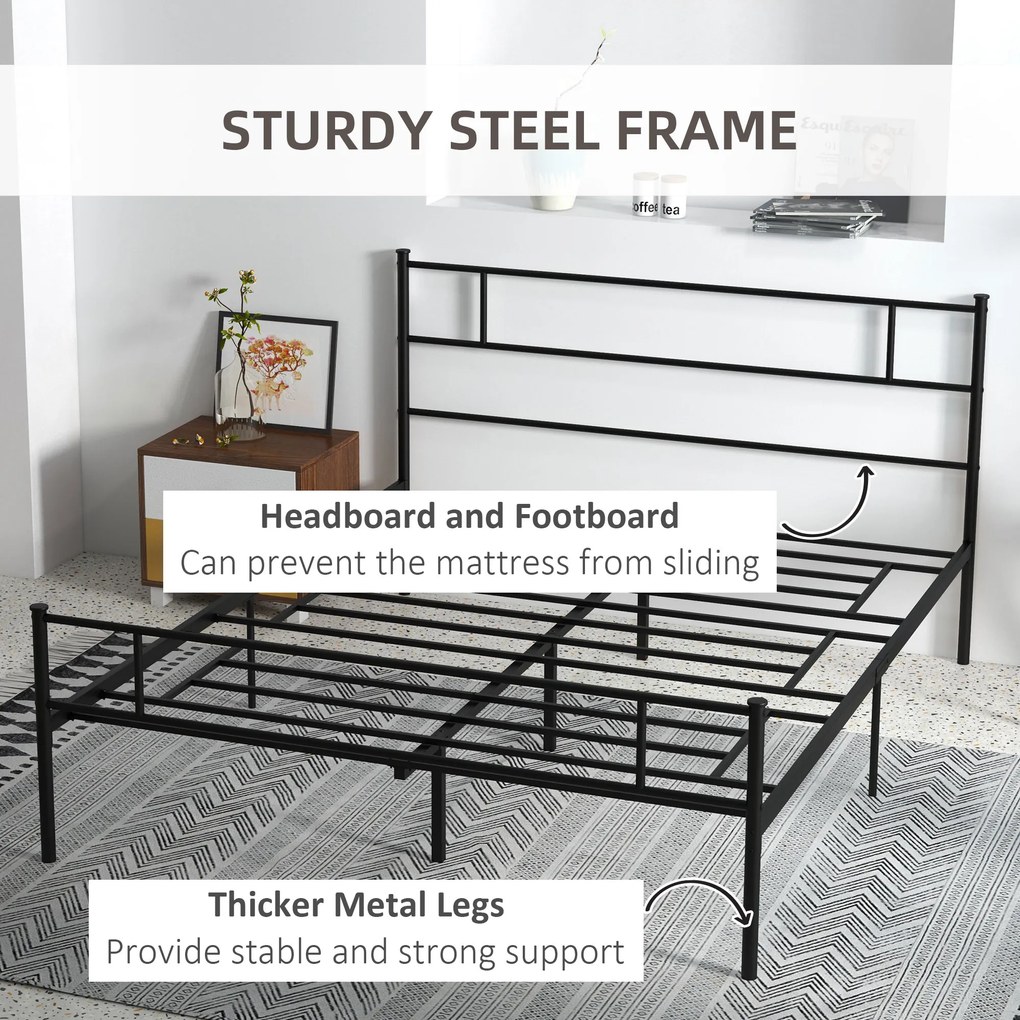 HOMCOM Pat Matrimonial din Oțel 160x200cm, Sipci Integrate, Tetieră, Suport 400kg, Stil Industrial, Negru | Aosom Romania
