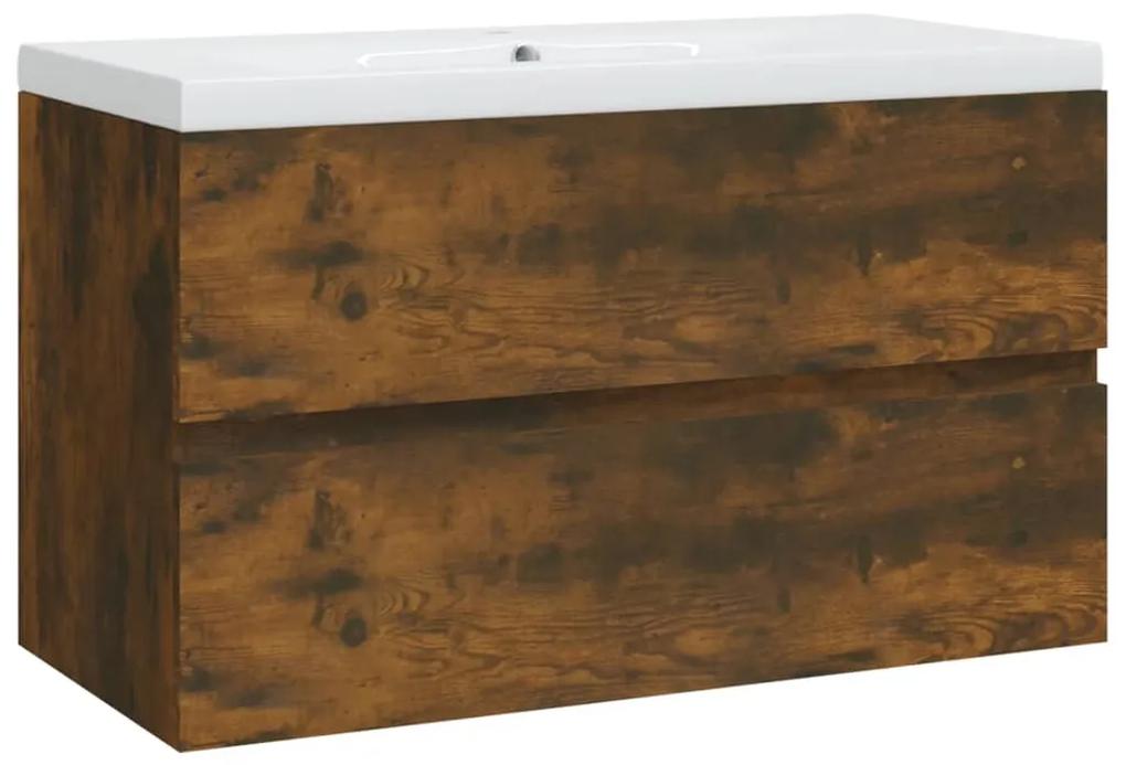 Dulap chiuveta bazin incorporat stejar fumuriu lemn prelucrat Stejar afumat, 80 x 38.5 x 45 cm, fara oglinda