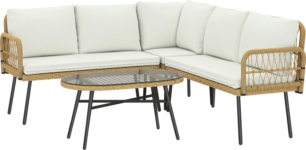 Outsunny Set mobilier din Polyrattan 4 piese, set lounge cu canapea de colț canapea dublă masă din sticlă perne detașabile până la 5 persoane | Aosom Romania