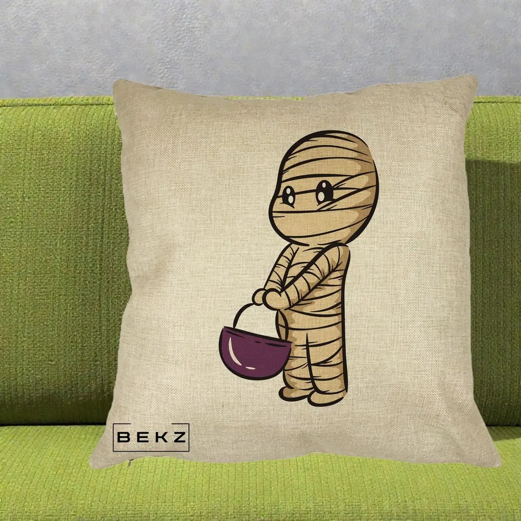 Perna Decorativa Halloween Mummy Kawaii cu Cos, 40x40 cm, Crem, Husa Detasabila, Perna Inclusa, BEKZ®