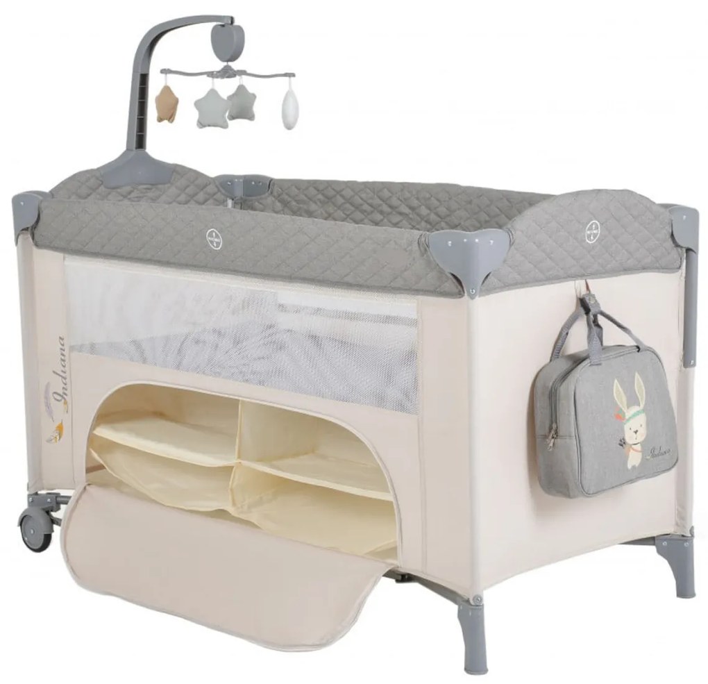 Patut pliant transformabil in tarc copii NOVOKIDS™ Indiana NEST, 62X125 cm, 2 Niveluri, Jucarie Carusel muzical, Fermoar acces lateral, Geanta bebe,