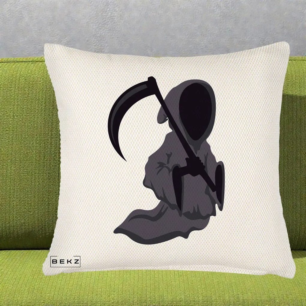 Perna Decorativa Moartea cu Coasa Grim Reaper Halloween, 40x40 cm, Crem Reliefat, Husa Detasabila, Perna Inclusa, BEKZ®