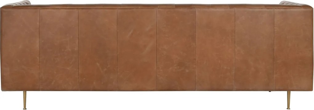 Canapea 3 locuri din piele cognac, cu spătar capitonat, picioare din metal auriu, aspect retro, 74 x 209 x 77 cm, „Odette”