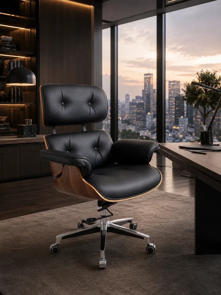 EXECUTIVE PRESTIGE – Scaun Directorial Ergonomic Premium, cu Piele PU, Furnir din Lemn Nuc, Bază din Aluminiu, Reglaj pe Înălțime și Funcție de Înclinare, Negru