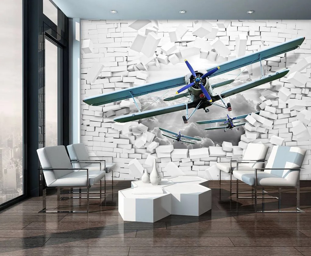 Fototapet - Avionul zboară din perete 3D (254x184 cm)
