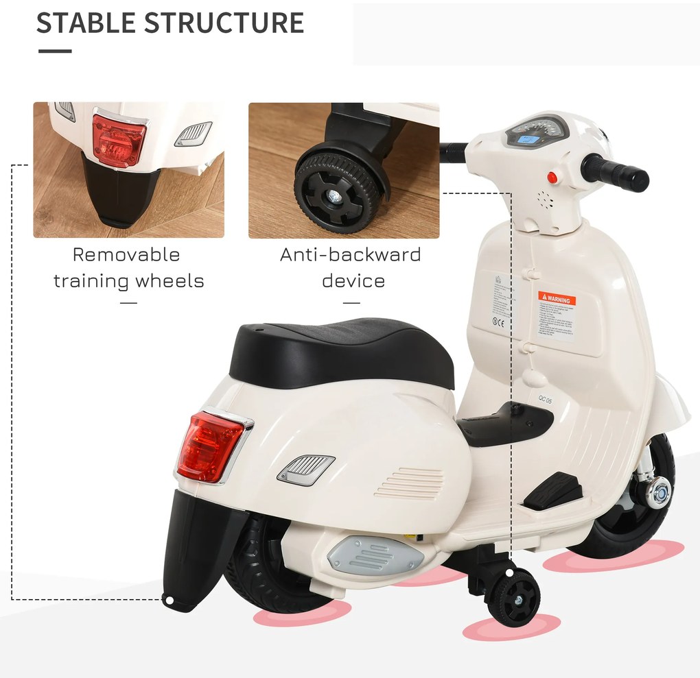 Motocicleta Electrica HOMCOM pentru Copii varsta 18-36 luni, Licenta Oficiala Vespa Baterie 6V, 66.5x38x52cm | Aosom Romania