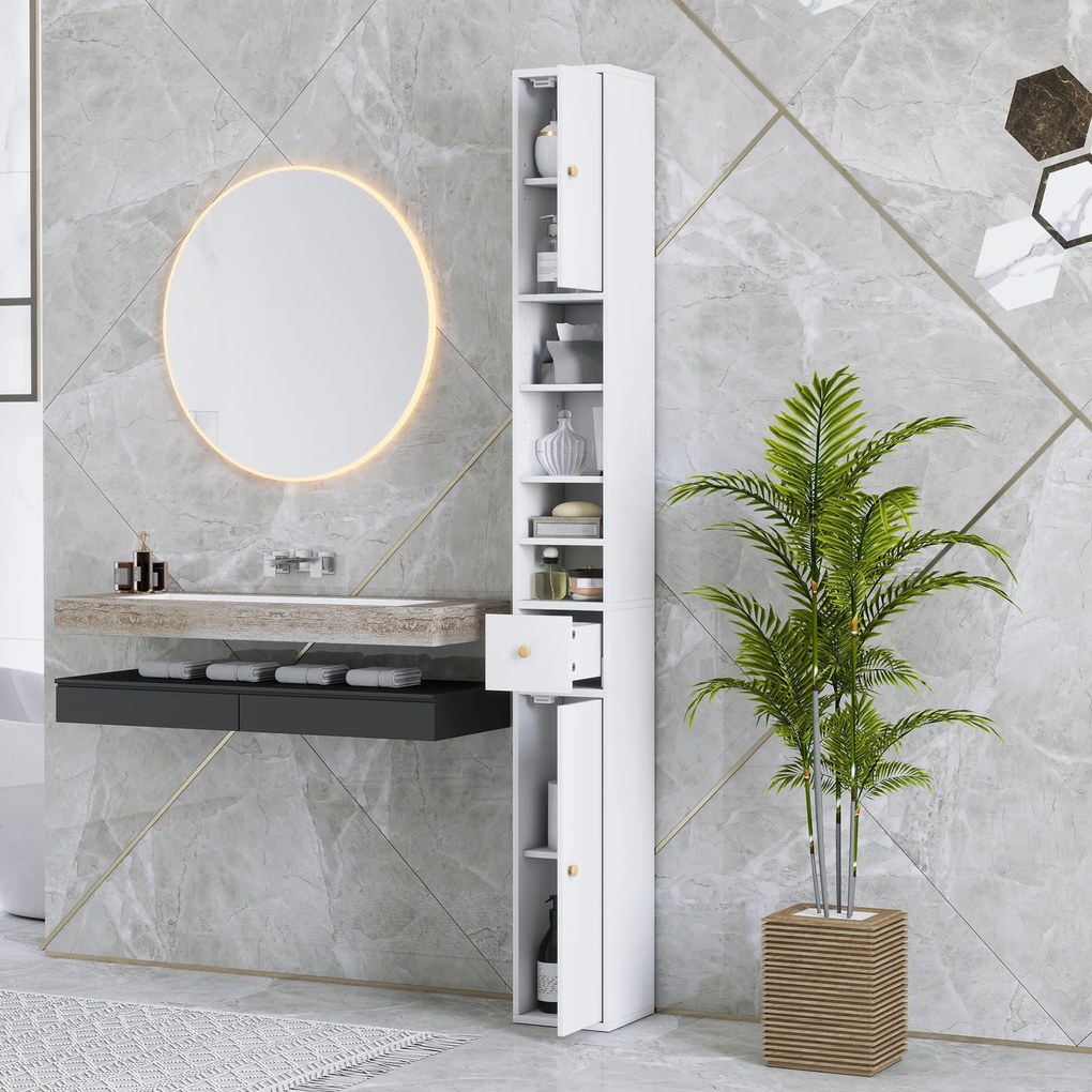 HOMCOM Dulap Înalt de Baie cu 2 Compartimente, 3 Rafturi Deschise și Sertar, 20x20x178 cm, Alb | Aosom Romania