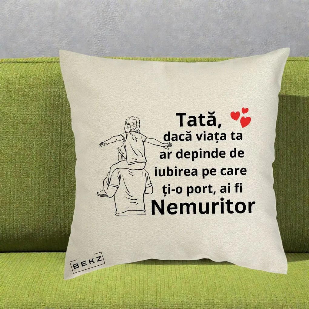 Cadou pentru Tata - Perna Personalizata Tata Supererou Nemuritor, 40x40 cm, Ecru, Husa Detasabila, Perna Inclusa, BEKZ®