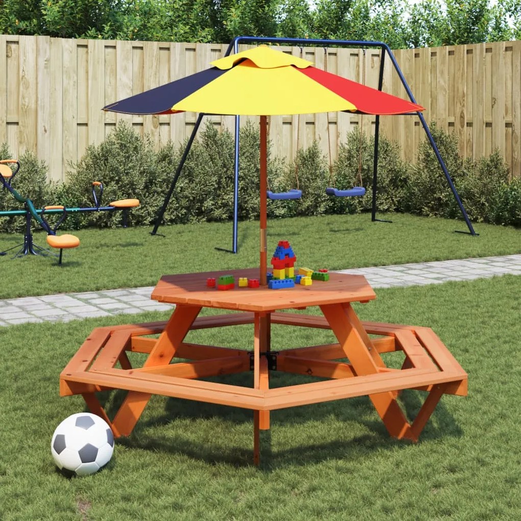 3281627 vidaXL Masă picnic pentru 6 copii cu umbrelă, hexagon, lemn masiv brad