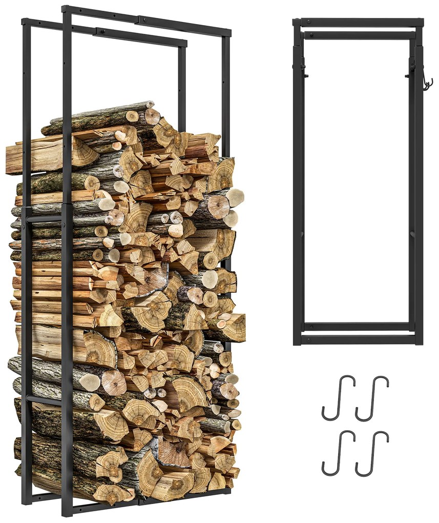 Outsunny Suport pentru Lemne din Metal, Suport Reglabil cu Cârlige în Formă de S, 40-65x25x100-150 cm, Negru | Aosom Romania