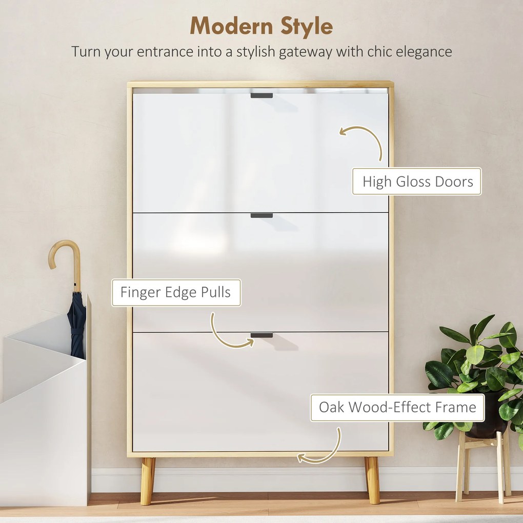 HOMCOM Dulap de pantofi subțire modern cu 3 sertare rabatabile pentru 24 de perechi de pantofi, Alb | Aosom Romania