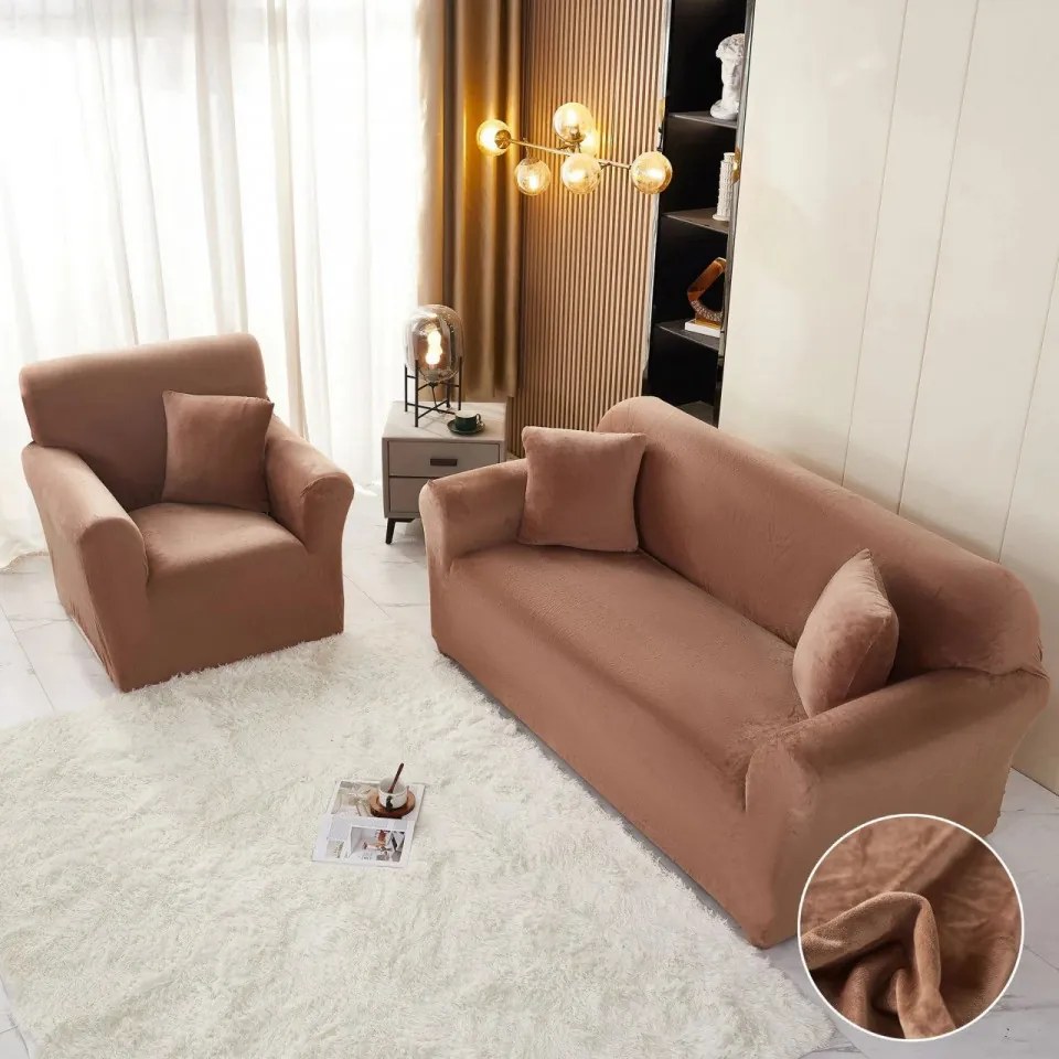 Set huse elastice din catifea pentru canapea 3 locuri + 2 fotolii, cu brate, maro, HCCJS-06